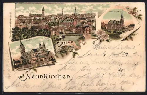 Lithographie Neunkirchen / Saar, Kath. und Untere evangel. Kirche, Ortsansicht mit Kirchen