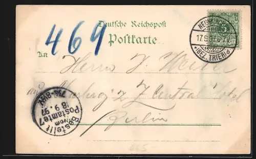 Lithographie Neunkirchen / Saar, Kath. und Untere evangel. Kirche, Ortsansicht mit Kirchen