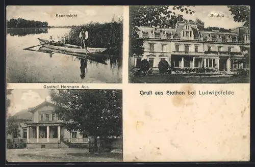 AK Siethen bei Ludwigsfelde, Gasthof Hermann Aue, Schloss, Seeansicht