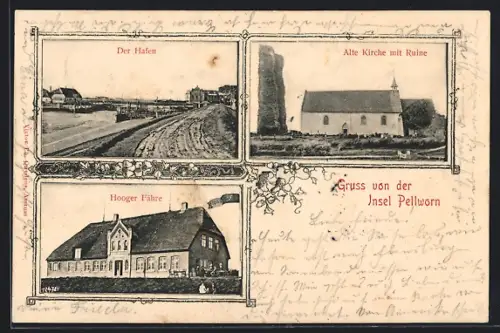 AK Pellworm, Hafen, Hooger Fähre, Alte Kirche mit Ruine