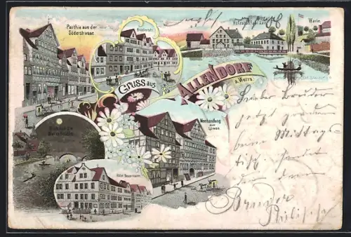 Lithographie Allendorf / Werra, Weinhandlung zum Löwen, Holzstoff-Fabriken, Hotel Beuermann, Söderstrasse & Brückenstr.