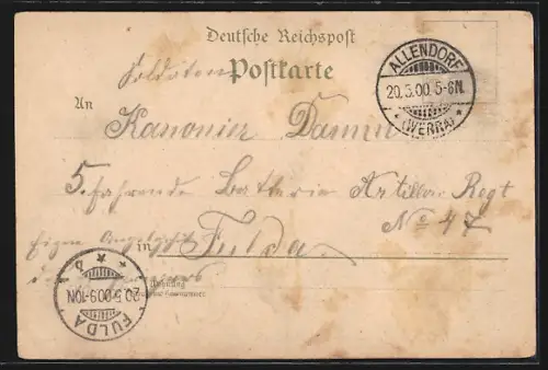 Lithographie Allendorf / Werra, Weinhandlung zum Löwen, Holzstoff-Fabriken, Hotel Beuermann, Söderstrasse & Brückenstr.