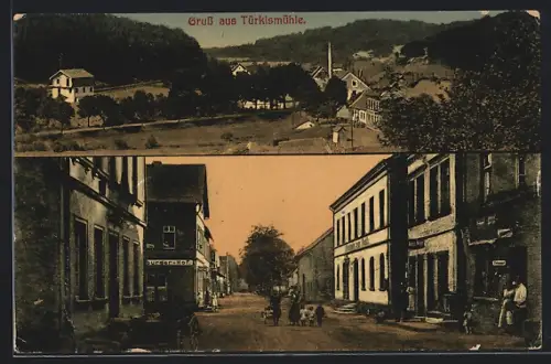 AK Türkismühle, Strassenpartie mit Gasthof zur Post, Ortsansicht aus der Vogelschau