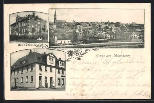 AK Münchberg, Neues Schulhaus, Ortsansicht mit Kirche
