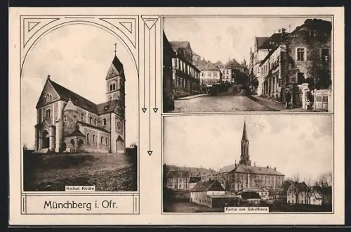 AK Münchberg i. Ofr., Partie am Schulhaus, Kathol. Kirche