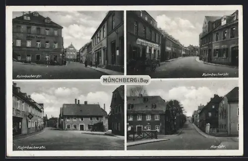 AK Münchberg, Kulmbacher Strasse, Karlstrasse und Geschäften