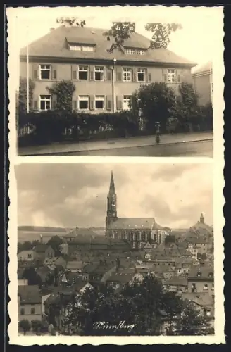 Foto-AK Münchberg, Ortsansicht mit Kirche, Zwei-Etagen-Wohnhaus