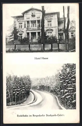 AK Hamburg-Bergedorf, Hotel Haase, Rodelbahn im Stadtpark-Gehölz