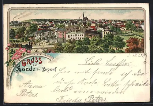Lithographie Sande / Bergedorf, Ortsansicht aus der Vogelschau