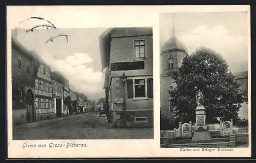 AK Gross-Bieberau, Strassenpartie, Kirche und Krieger-Denkmal