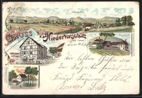 Lithographie Niedervorschütz /Cassel, Gasthaus G. Ostheim, Rautenmühle, Forstmühle