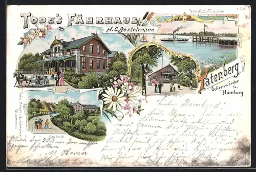 Lithographie Hamburg-Tatenberg, Tode`s Fährhaus, Dampfschiffstation und Deichpartie