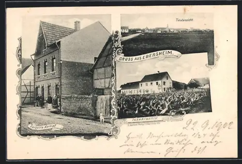 AK Ebersheim, Epicerie Kempf, Tabakfabrik und Totalansicht
