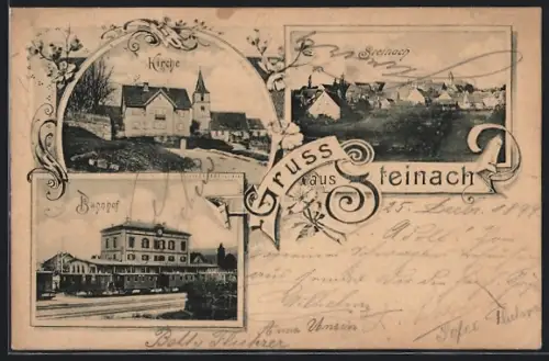 AK Steinach / Ens, Bahnhof mit haltendem Zug, Kirche