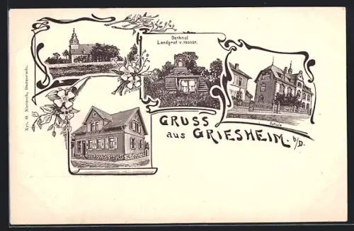 Lithographie Griesheim b. D., Denkmal Landgraf v. Hessen, Schule