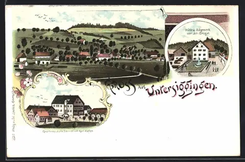 Lithographie Untersiggingen, Mühle und Sägewerk von Joh. Gaugel, Gasthaus zum Sternen von Karl Hafen