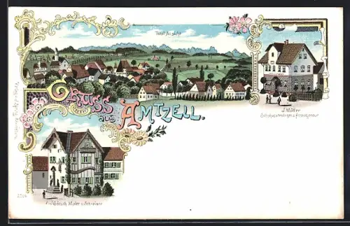 Lithographie Amtzell, Maler und Schreiner F. J. Götsch, Schuhwarenlager J. Müller