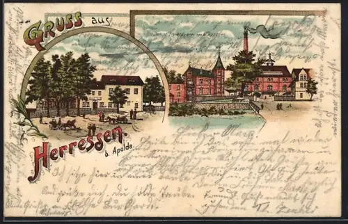 Lithographie Herressen, Dampf-Bierbrauerei v. W. Hassner, Gasthaus