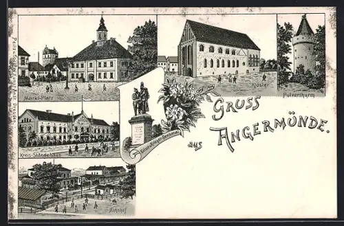 Lithographie Angermünde, Bahnhof, Marktplatz und Kreisständehaus