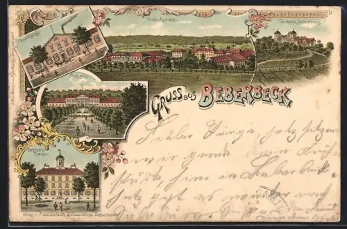 Lithographie Beberbeck, Gasthaus, Schloss, Beamtenhaus und Vorwerk Sababurg