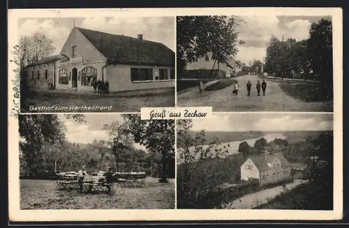 AK Zechow / Warthe, Gasthof zum Warthestrand, Strassenpartie und Teilansicht