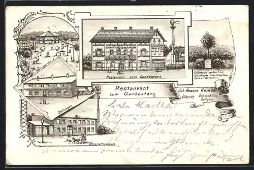 Lithographie Döberitz, Restaurant zum Gardestern, Stallungen, Wirtschaftsgebäude, Gedenkeiche