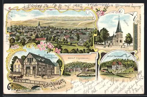 Lithographie Holzhausen /Wetzlar, Handlung v. Heinrich Dross, Waldhof Elgershausen, Kirche