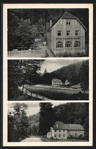AK Zeitzgrund, Gasthaus u. Sommerfrische Bockmühle, verschiedene Aussenansichten mit Wald