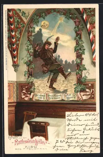 Lithographie Kiel, Gasthaus Rathsweinkeller, Betrunkener, Gedicht