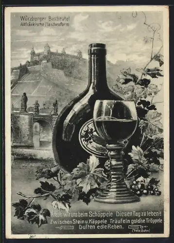 AK Würzburg, Bocksbeutel-Stilleben und Burgblick