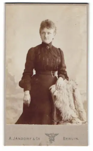 Fotografie A. Jandorf & Co., Berlin, C Spittelmarkt 16/17, Porträt einer Frau in dunklem Kleid