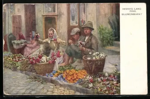 Künstler-AK sign. Hedwig Lang: Kinder beim Blumenmarkt, Deutscher Schulverein