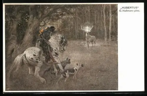 AK Deutscher Schulverein NR 607: Hubertus, Jäger sieht einen Hirsch, Jagdhunde