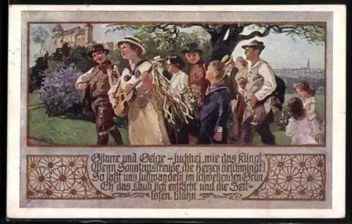 AK Deutscher Schulverein NR: 732, Wandergruppe mit Gitarre und Geige