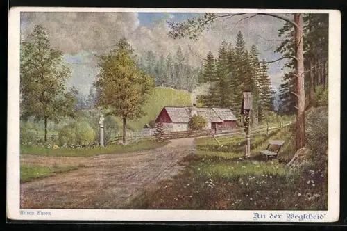 AK Deutscher Schulverein NR 1025: An der Wegscheid, Strasse im Ort mit Flurkreuz