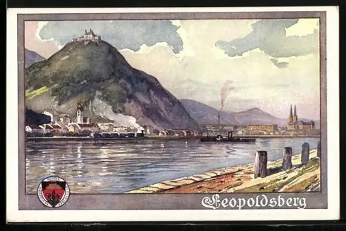 AK Deutscher Schulverein NR 139: Leopoldsberg, Uferansicht mit Ortschaft, Dampfer & Eisenbahn