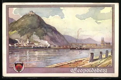 AK Deutscher Schulverein NR 139: Leopoldsberg, Uferansicht mit Ortschaft, Dampfer & Eisenbahn