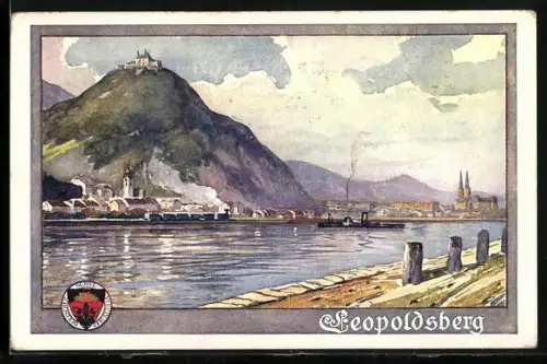 AK Deutscher Schulverein NR 139: Leopoldsberg, Uferansicht mit Ortschaft, Dampfer & Eisenbahn