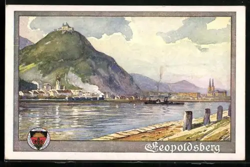 AK Deutscher Schulverein NR 139: Leopoldsberg, Uferansicht mit Ortschaft, Dampfer & Eisenbahn