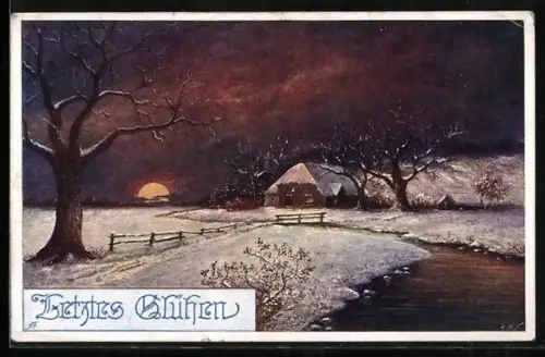 AK Deutscher Schulverein Nr. 777: Letztes Glühen, Winterliche Landschaft bei Sonnenuntergang