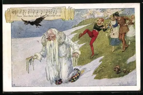 AK Deutscher Schulverein NR 1250: Nun treiben wir den Winter aus, Jugend und Schneegreis