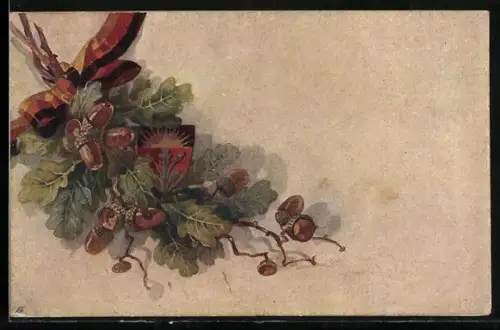 AK Deutscher Schulverein Nr. 759: Eichenlaub mit Schleife in Deutschen Farben, Wappen des Schulverein