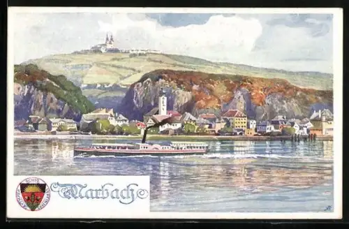 Künstler-AK Marbach, Blick über die Donau zum Ort mit Dampfer, Deutscher Schulverein