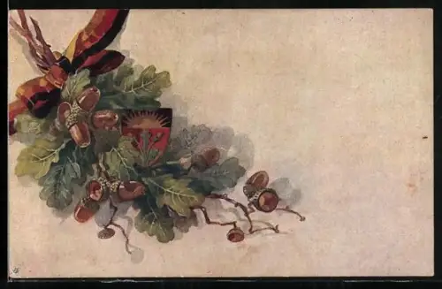 AK Deutscher Schulverein Nr. 759: Eichenlaub mit Schleife in Deutschen Farben, Wappen des Schulverein