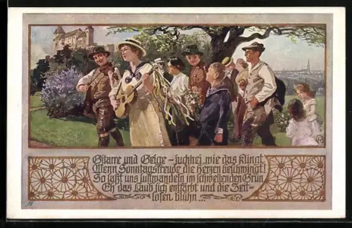 AK Deutscher Schulverein NR: 732, Wandergruppe mit Gitarre und Geige