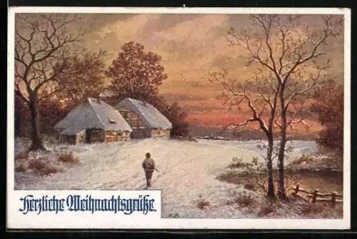 AK Deutscher Schulverein Nr. 752: Verschneites Gehöft im Abendlicht, Weihnachtsgruss