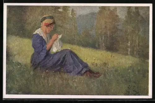 AK Deutscher Schulverein Nr. 1182: Fräulein beim Sticken auf einer Blumenwiese sitzend