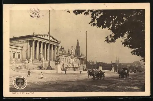 AK Deutscher Schulverein Nr. 244: Wien, Parlament mit Kutschen und Passanten