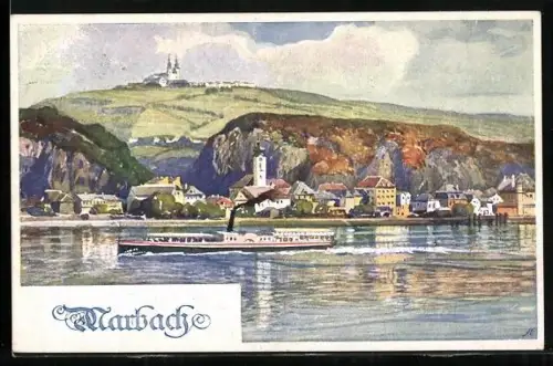 Künstler-AK Marbach, Blick über die Donau zum Ort mit Dampfer, Deutscher Schulverein