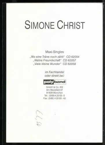 AK Musikerin Simone Christ im Porträt mit Autograph
